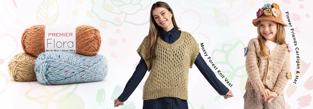 Three Premier Flora yarn balls on the left, a woman wearing a Mossy Forest Knit Vest in the center, and a child in a Flower Friends Cardigan & Hat on the right, with product names and leaf graphics in the background.