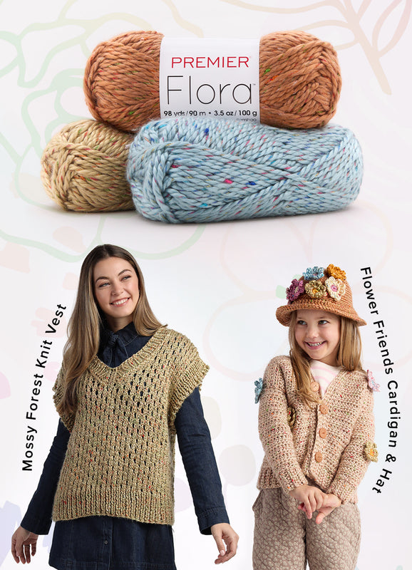 Three Premier Flora yarn balls on the top, at the bottom half: a woman wearing a Mossy Forest Knit Vest in the left, and a child in a Flower Friends Cardigan & Hat on the right, with product names and leaf graphics in the background.