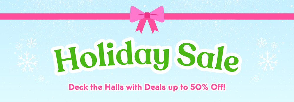 Holiday Sale Banner Up to 50% off with a blue back ground and snow all around.