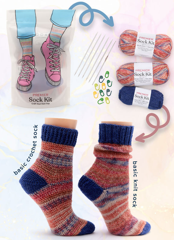 Premier Sock kit display including three skeins of yarn, knitting needles, crochet hooks, stitch markers, and finished socks. Package, needles, and sock examples shown on a light background.