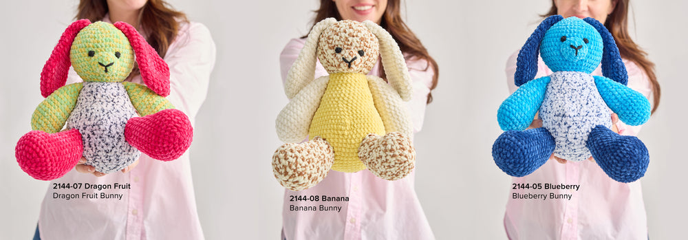 Image of women holding various bunny patterns created with Chunky Fruits yarn 