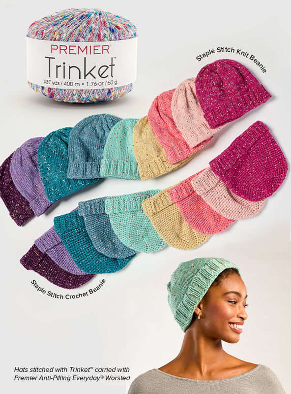 Image of Trinket Yarn Ball used in the Staple Stitch Knit Beanie and a woman modeling the beanie