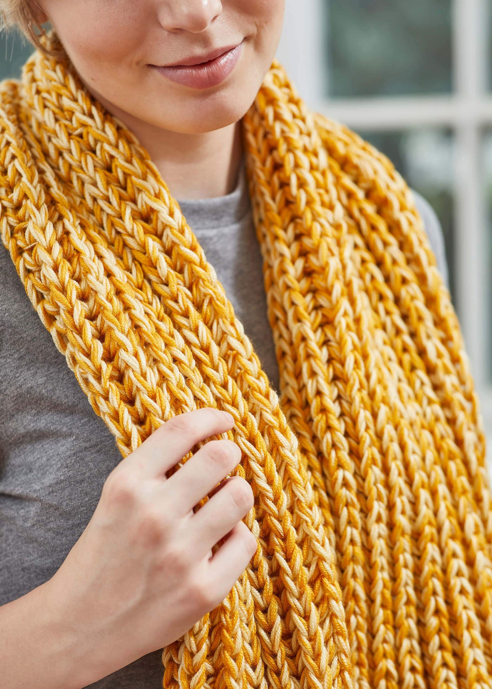 Hand Knit Chunky Scarf | top Knitted Infinity Scarf | Yellow Gold Handmade Scarf | Chunky Knit Scarf |