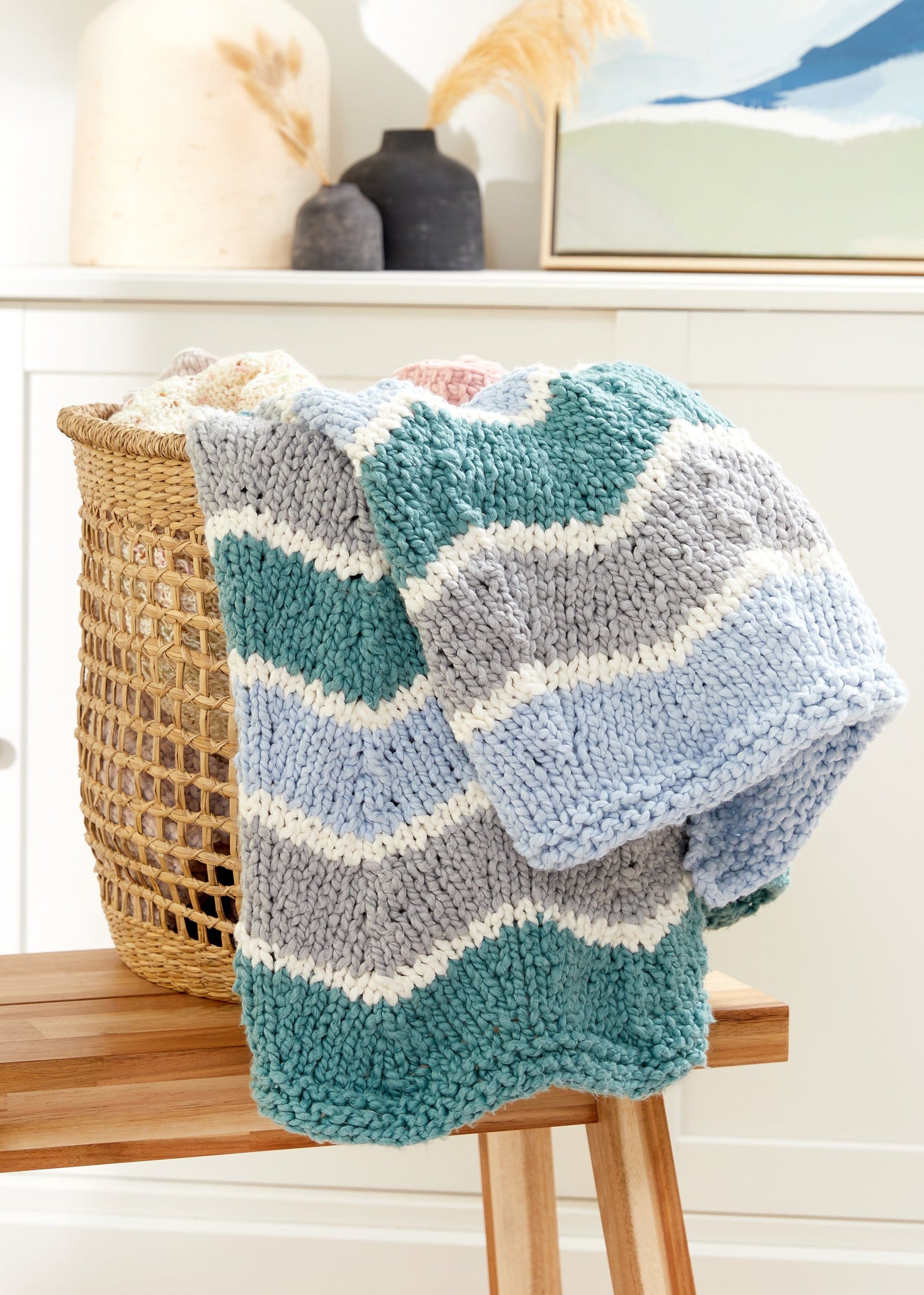 Chunky Hand crocheted afghan throw blanket chevron style seafoam green beige fashion and Ivory